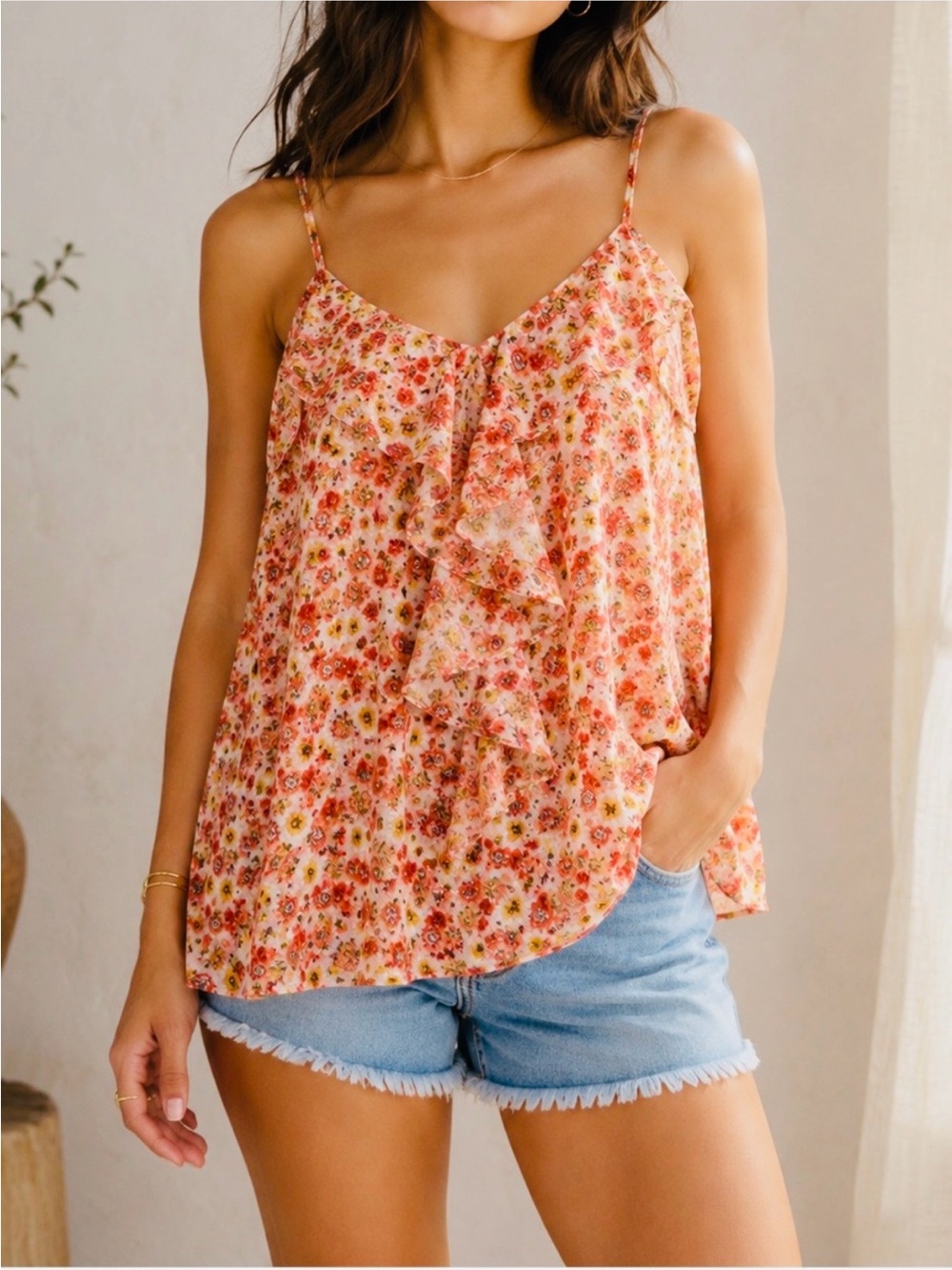 NEW Gigio Umgee Floral Ruffle Cami Top Small Lurex Lined Red Orange Boutique